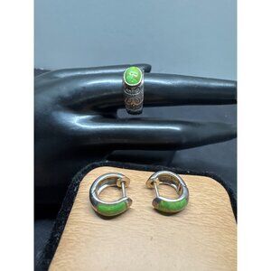 Sterling Silver Ring Size 9 & Hoop Earrings Set With Green Mohave Turquiose Ston